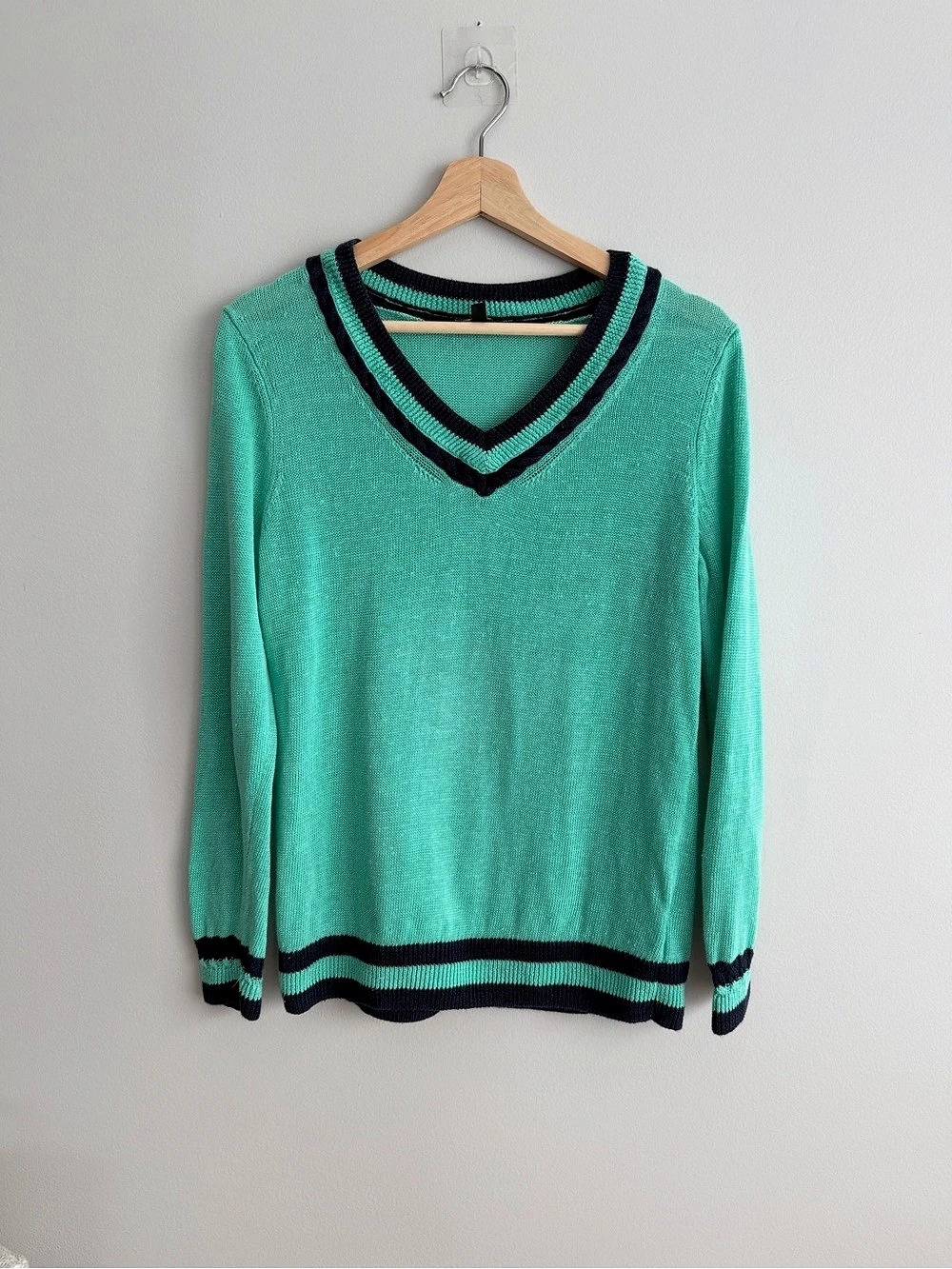 Talbots Women's Linen V-Neck Sweater Green & Black Medium